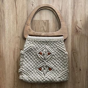 Macrame handmade vintage oversized bag,wood handles, wood beads,lined,nylon rope